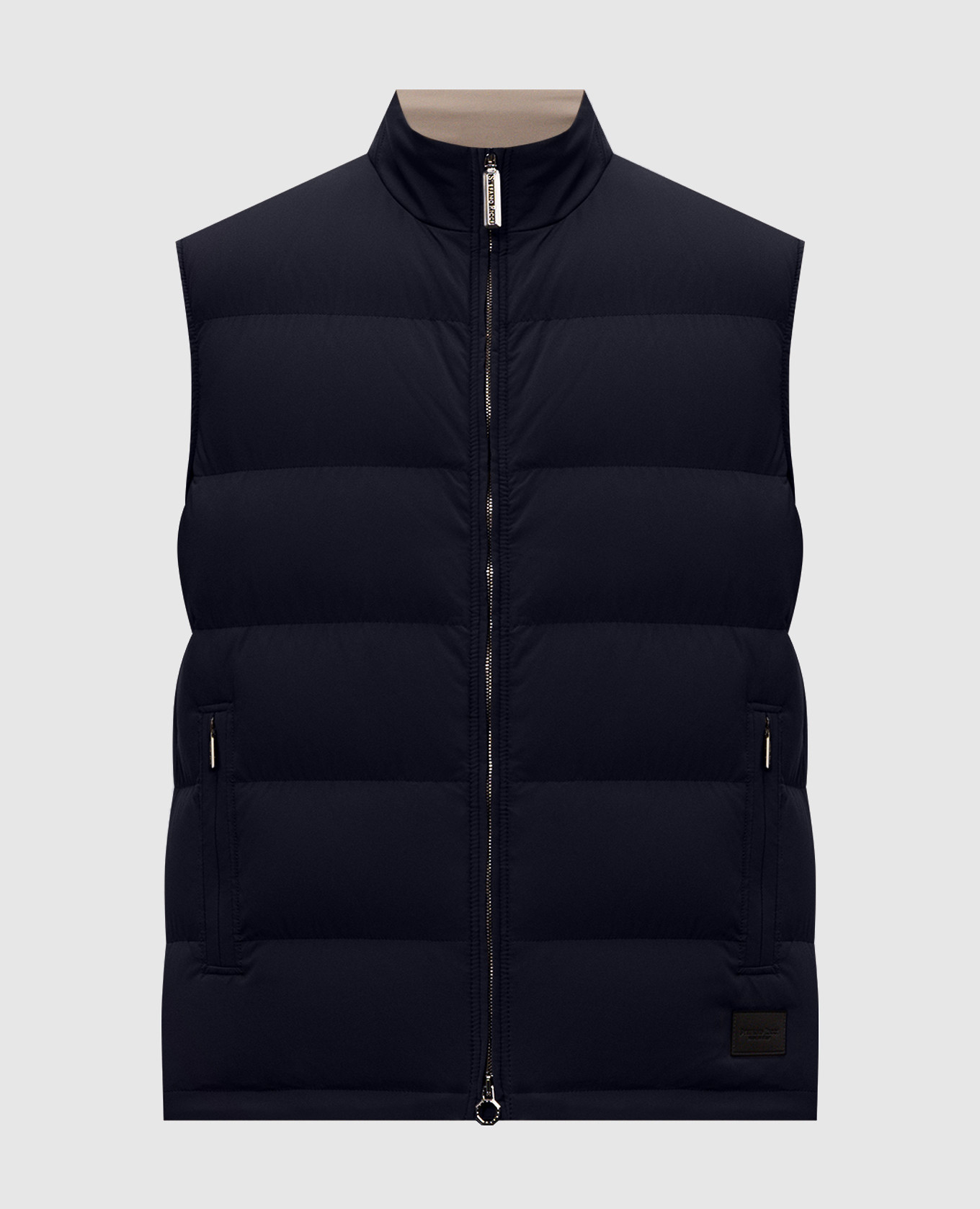 Blue down vest with logo patch