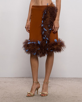 Rowen Rose Brown pleated skirt with ostrich feathers SKRRR519