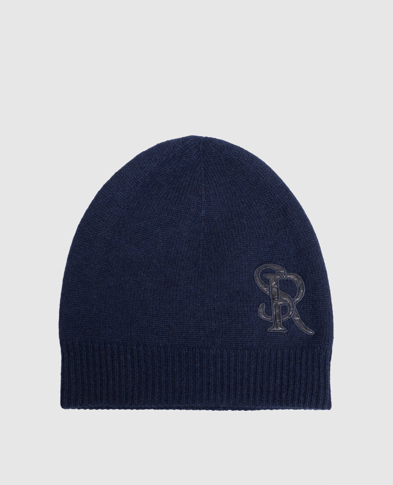Blue cashmere hat with monogram patch