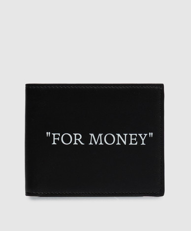Black leather wallet with "For Money" print