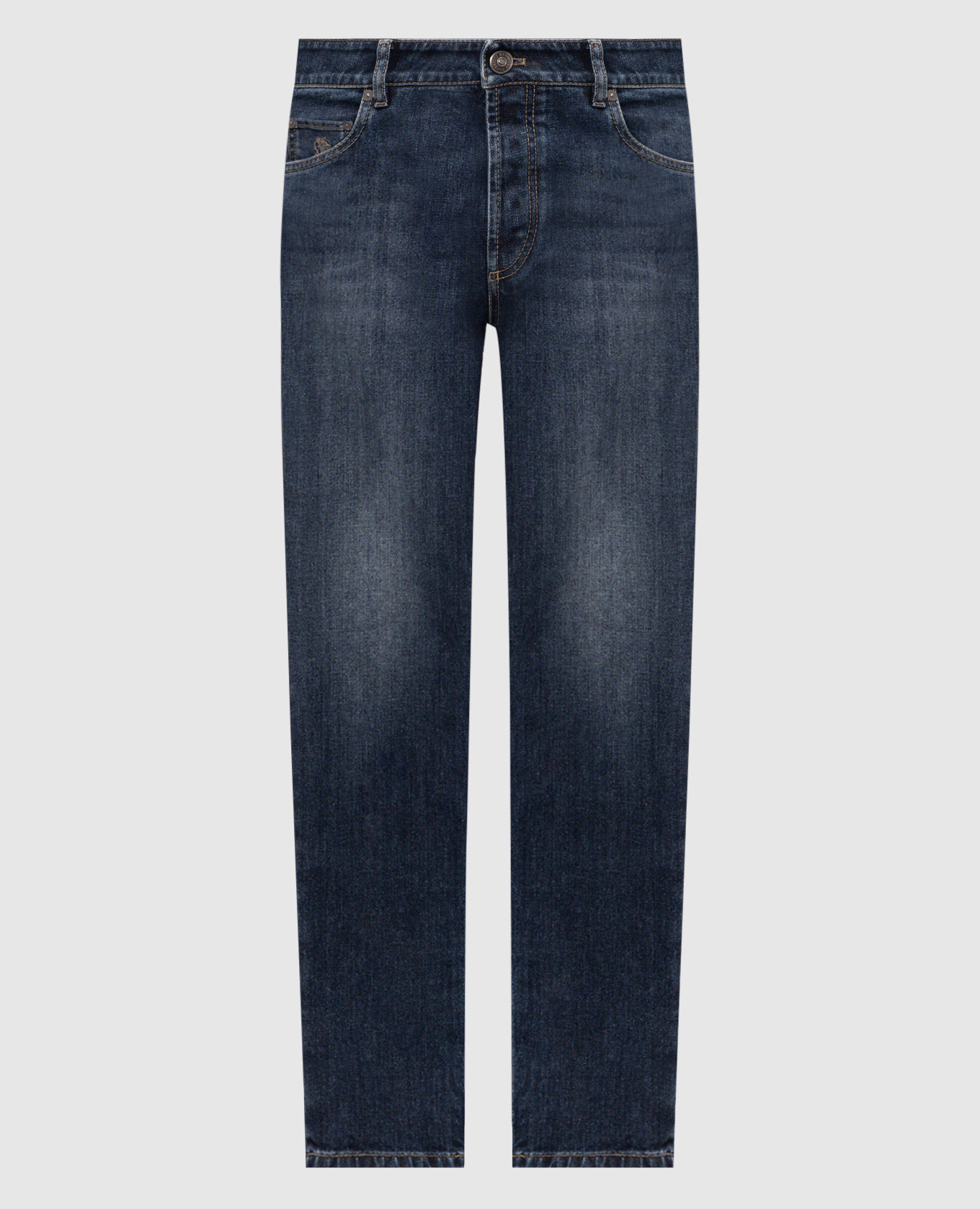 Blue jeans with a distressed effect and emblem