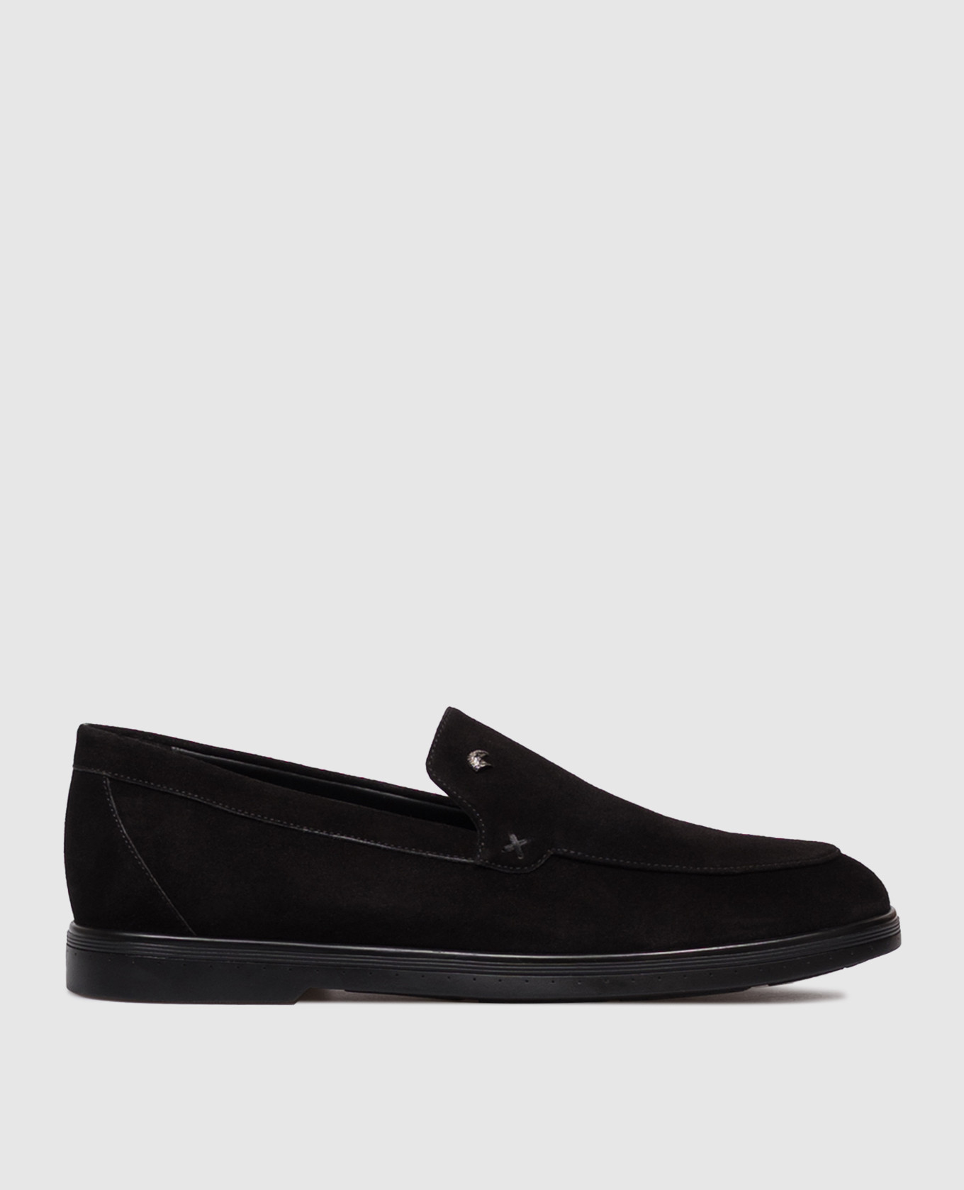 Black suede loafers with emblem