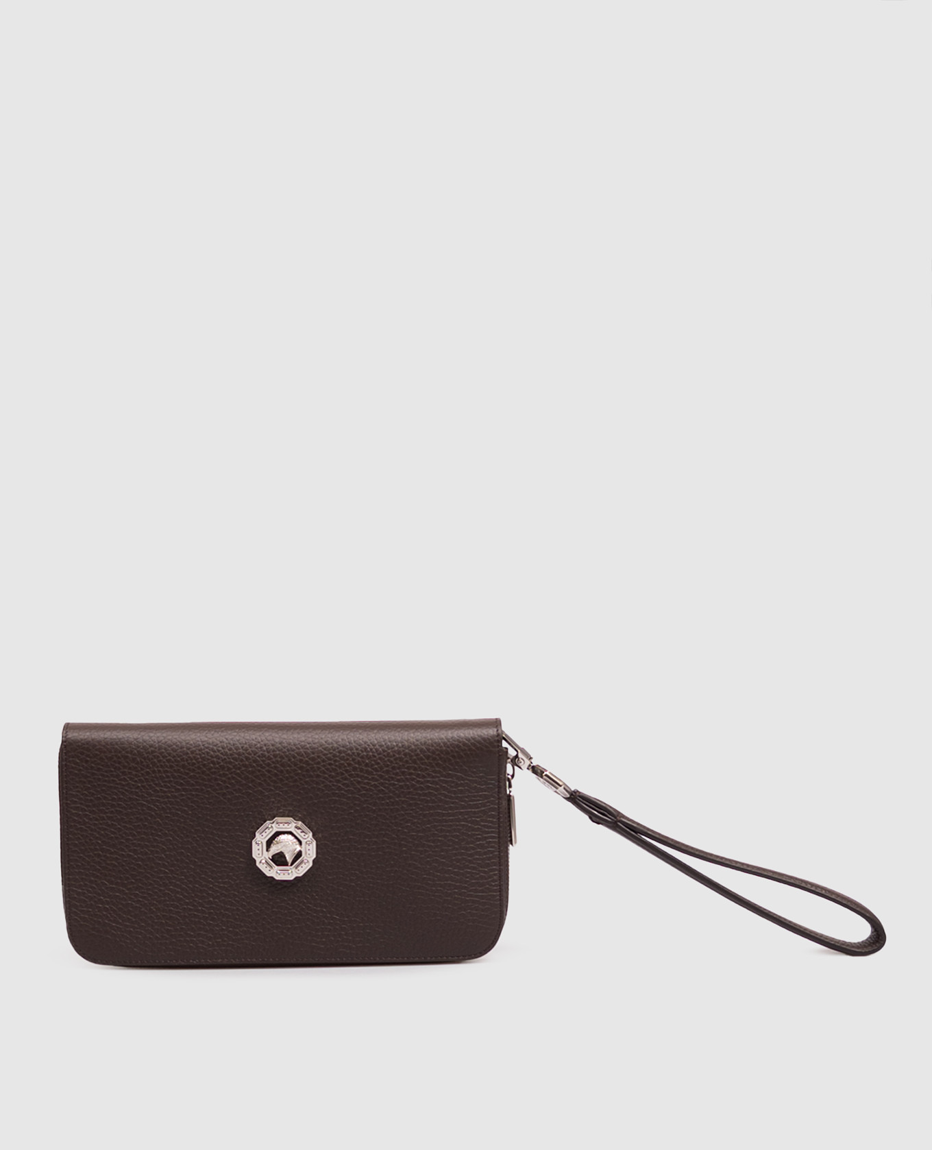 Brown leather clutch wallet with emblem