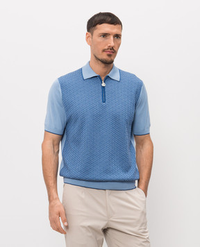 Stefano Ricci Blue polo shirt with patterned silk K212036P31F26192
