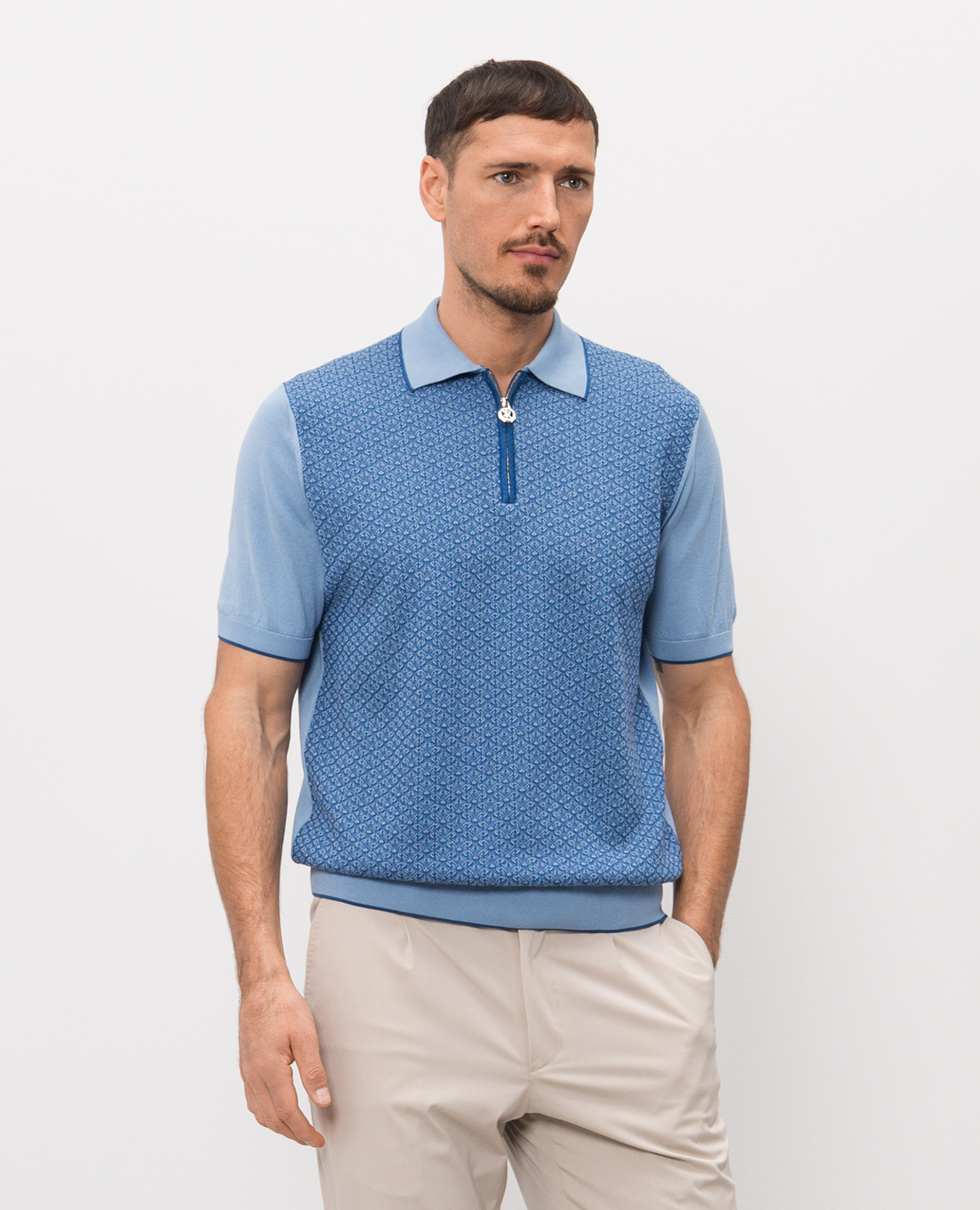 Blue polo shirt with patterned silk Stefano Ricci 3