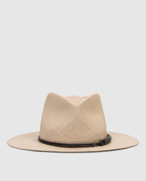 Brunello Cucinelli Beige straw fedora hat with monil chain MCAP90036