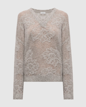 Brunello Cucinelli Gray openwork pullover with sequins MFA790102