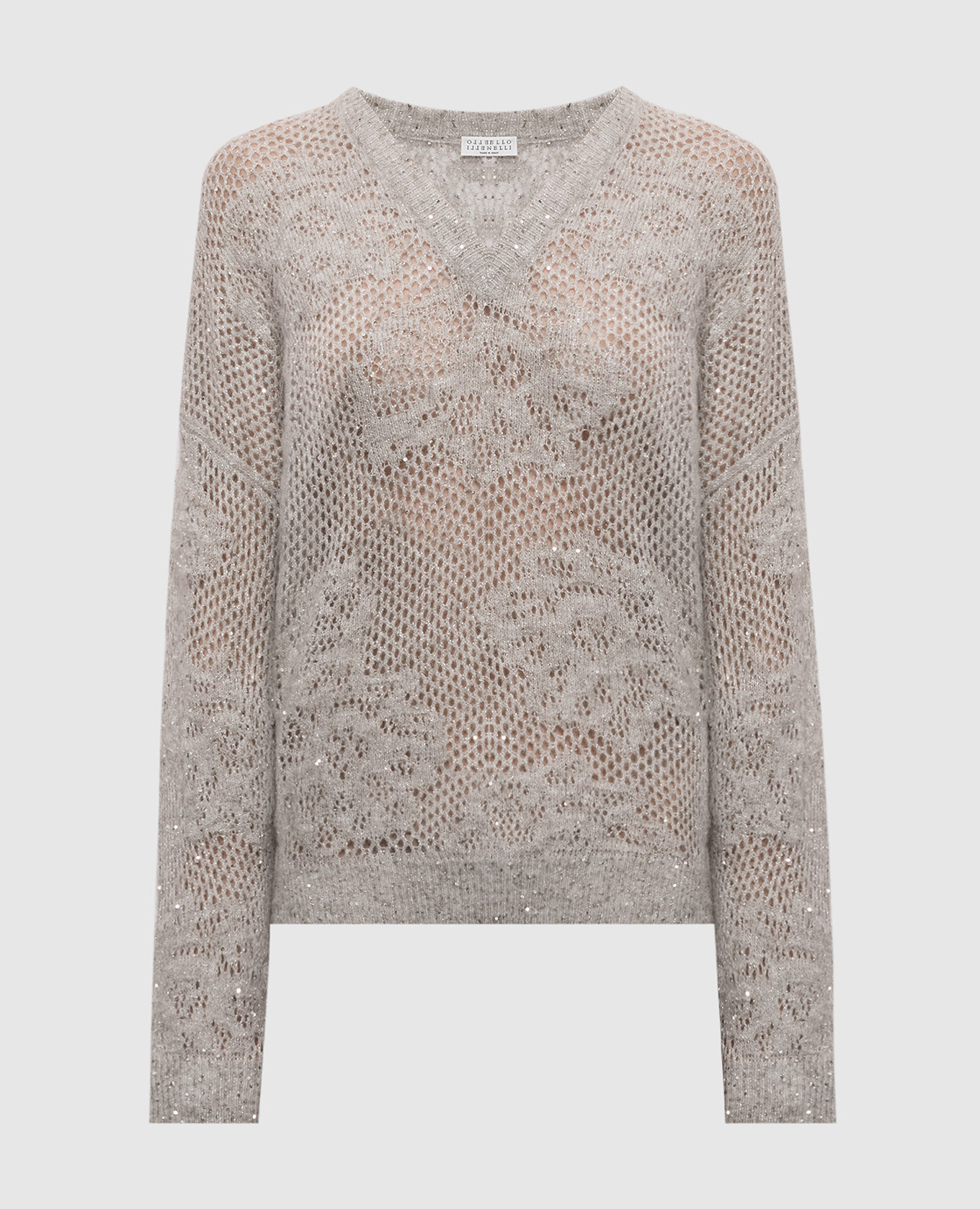 Gray openwork pullover with sequins