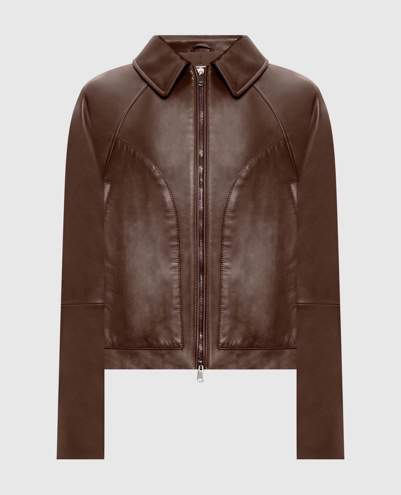 Brown leather jacket with monil chain
