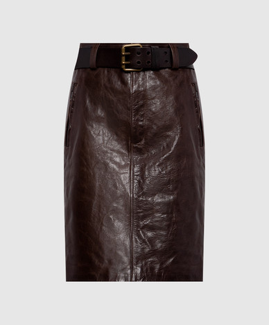 Brown leather skirt with belt