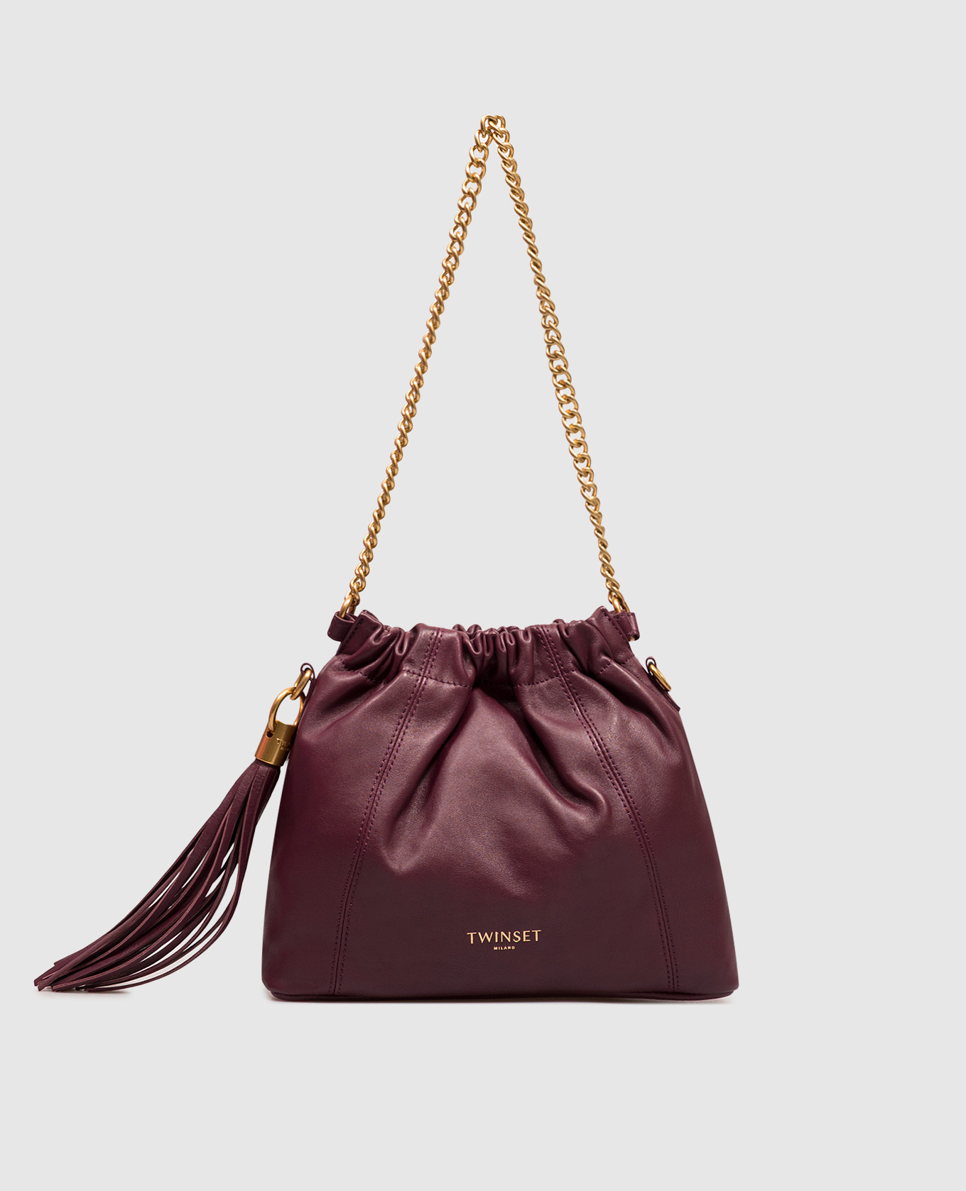 Burgundy leather bag with embossed logo