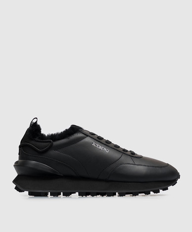 Black leather sneakers with fur trim