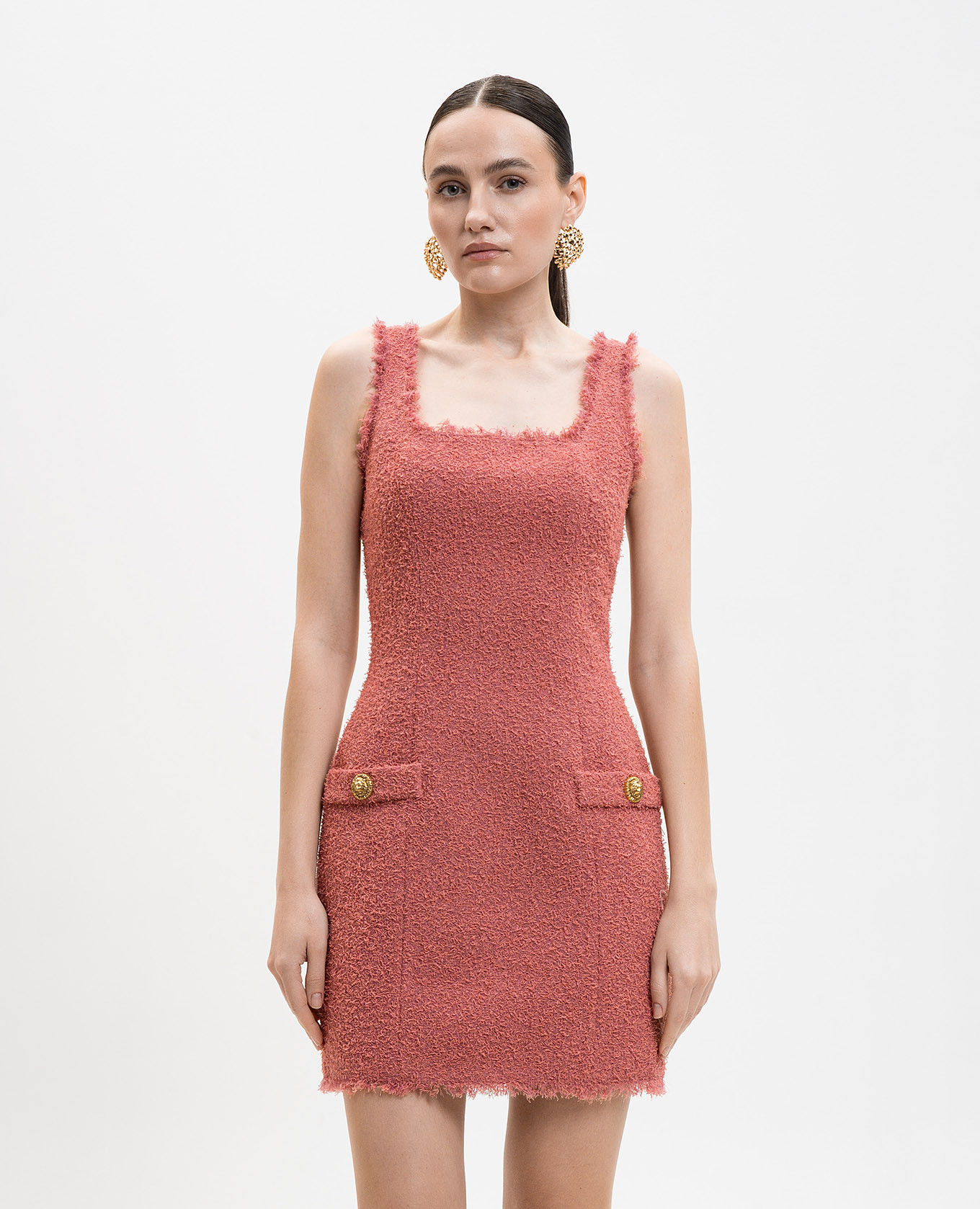

Pink tweed sheath dress with wool Balmain