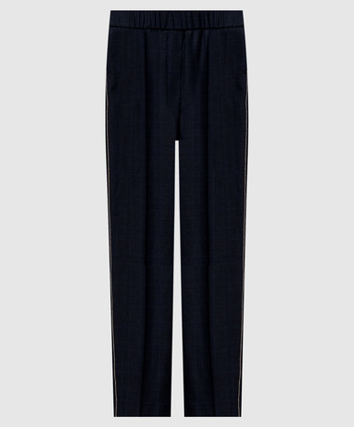 Blaue Wollhose mit Monil-Kette