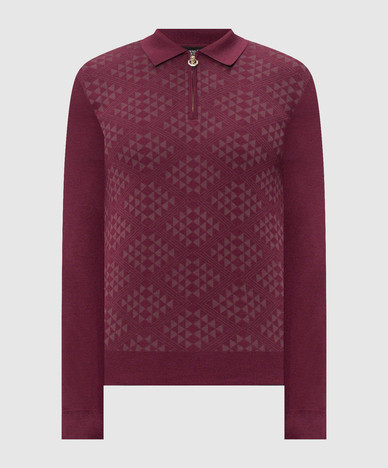 Burgundy cashmere and silk polo shirt with geometric pattern