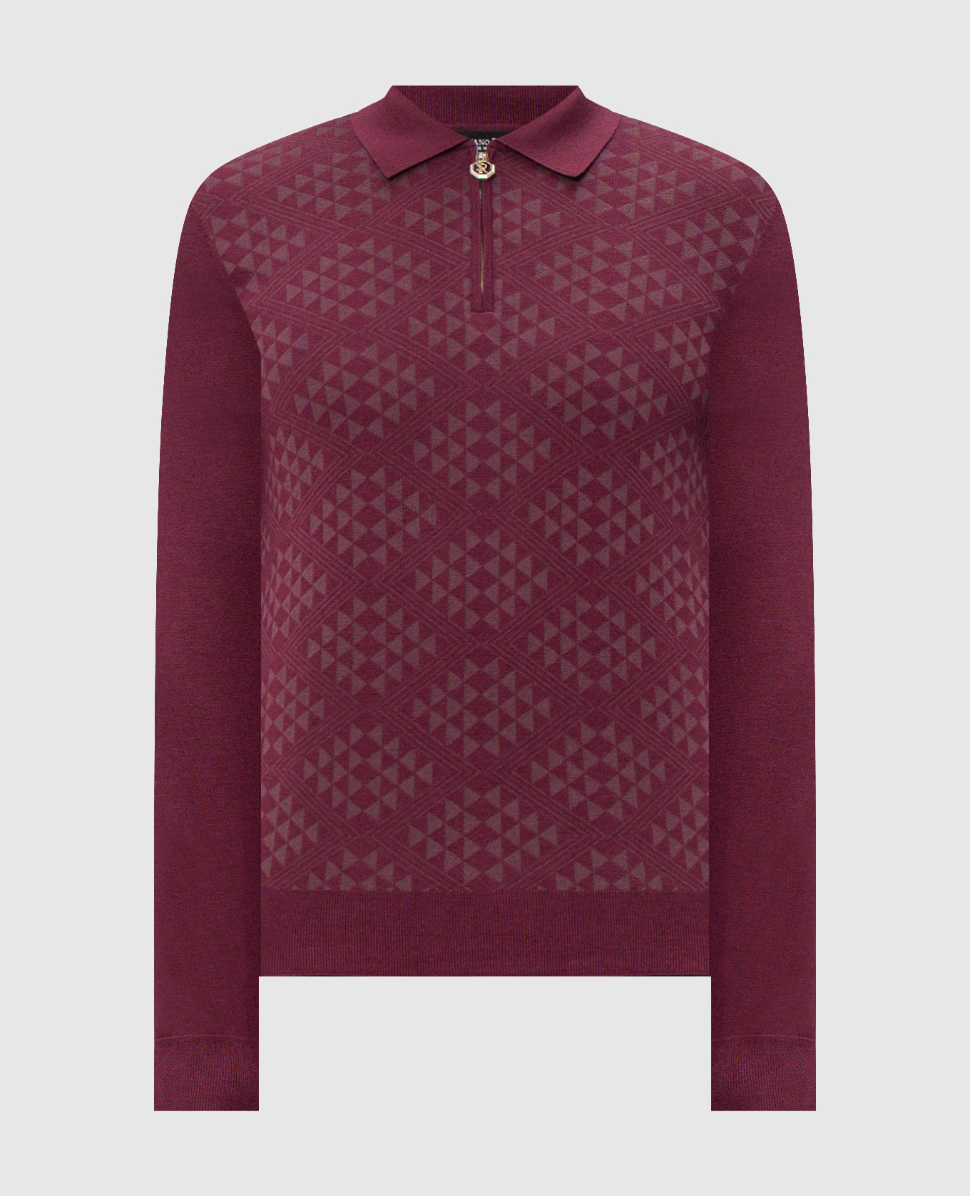 Burgundy cashmere and silk polo shirt with geometric pattern