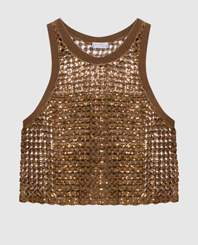 Brunello Cucinelli Brown openwork top made of silk and linen with sequins MCBR11800