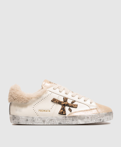 Steven white leather sneakers with fur