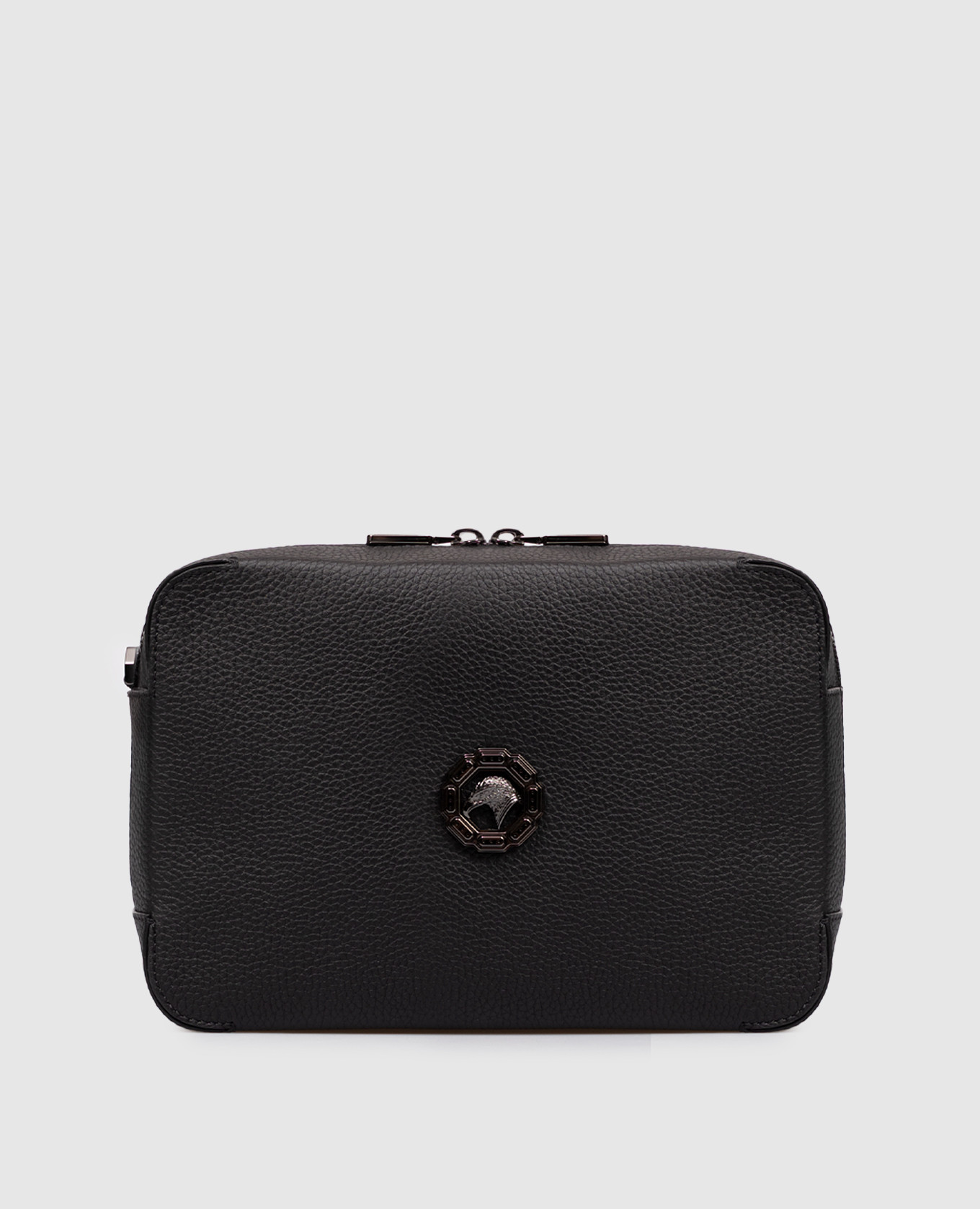 

Black leather clutch with ruthenium-plated emblem Stefano Ricci