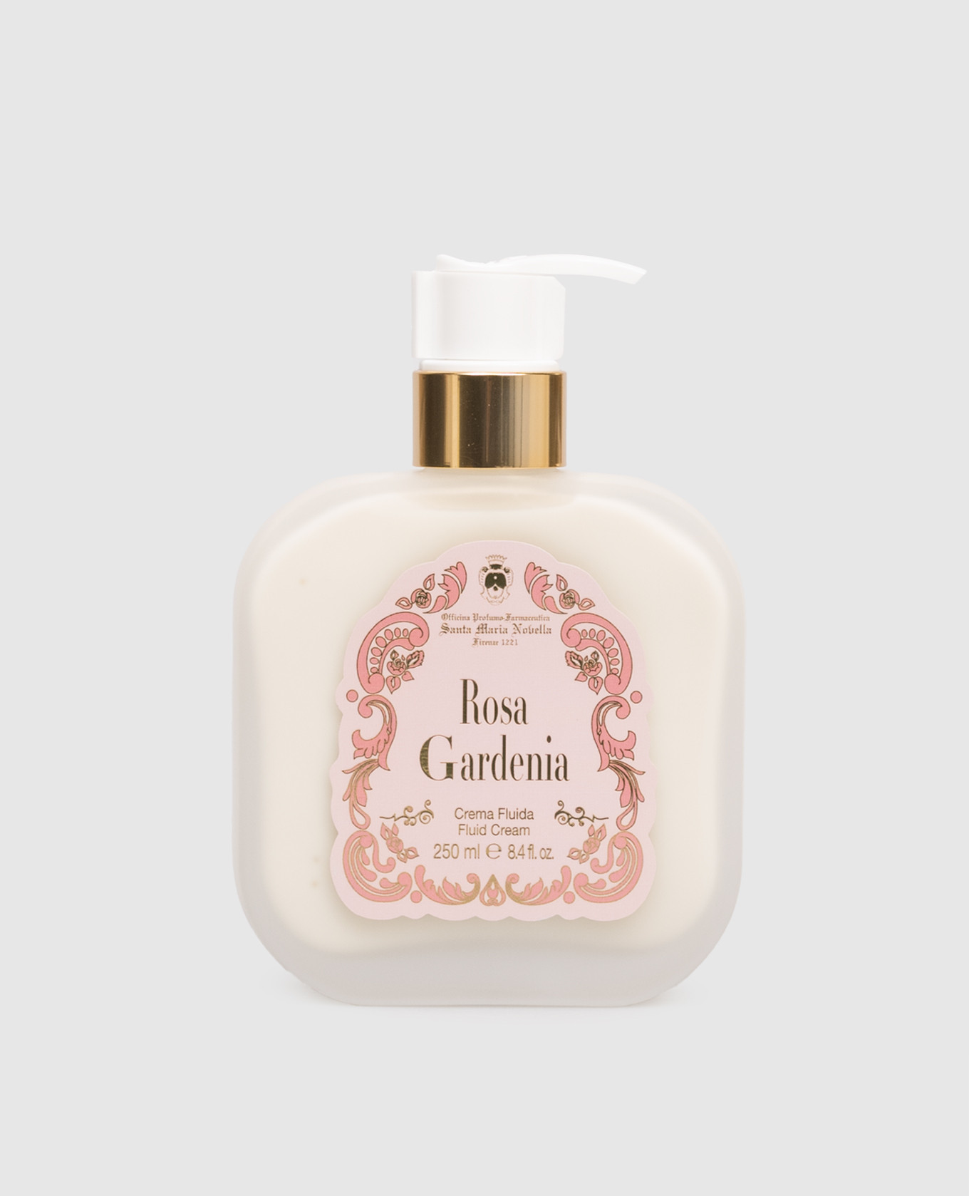 

Rosa Gardenia Body Cream Fluid in a glass container with a dispenser 250 ml Santa Maria Novella, White