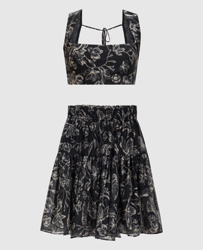 Twinset Black floral print linen top and skirt suit 261LM2SEE