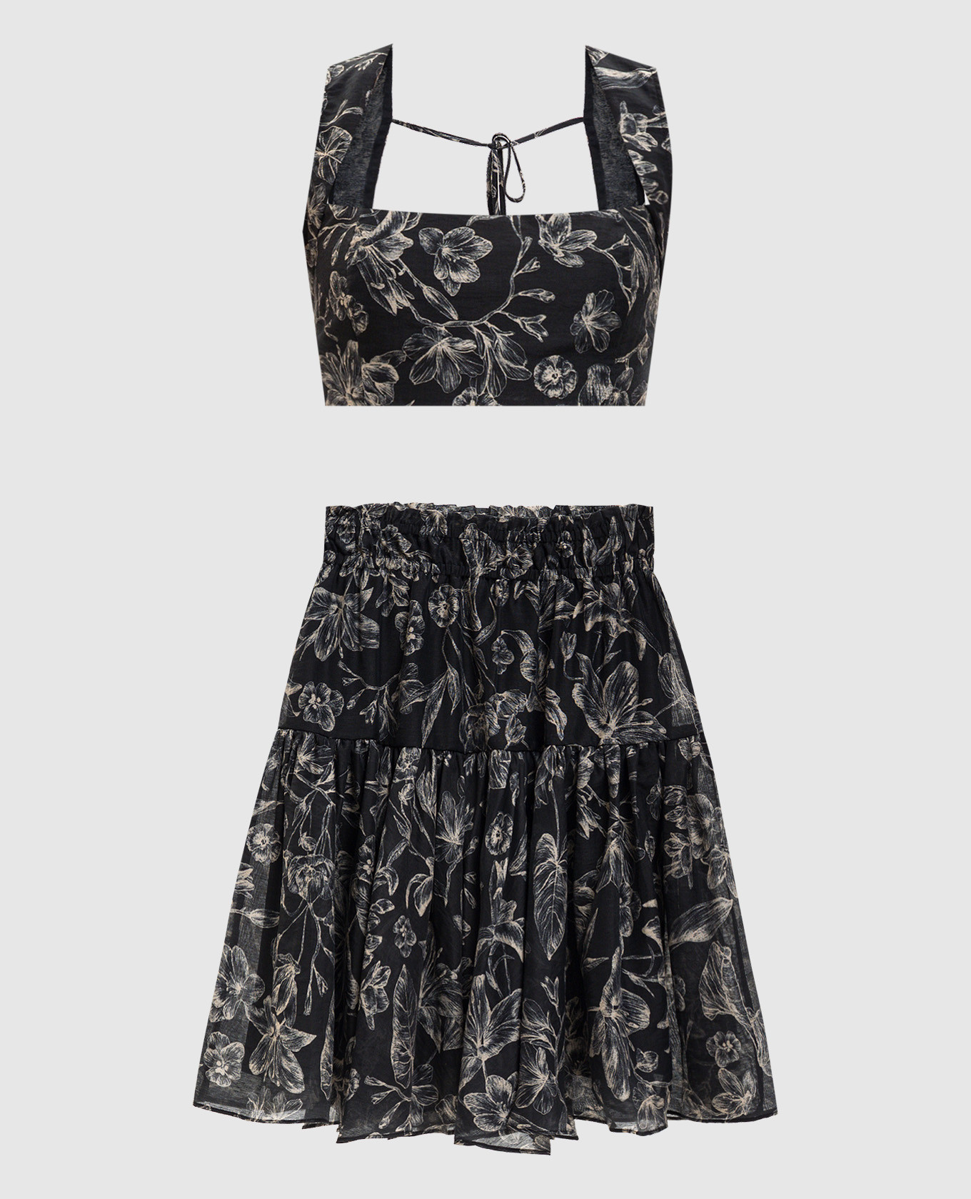 

Black floral print linen top and skirt suit Twinset