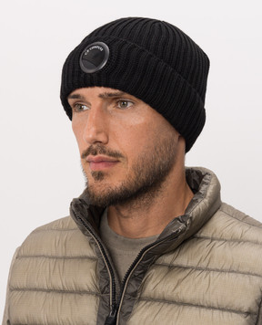 C.P. Company Black wool hat with logo patch MAC739A005509A