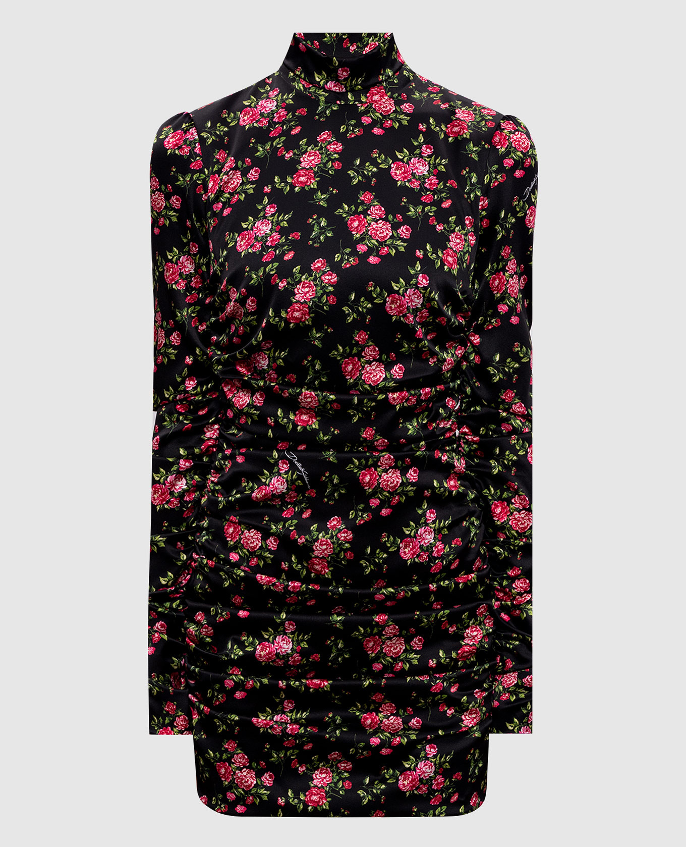 

Black silk mini dress with printed drape Dolce&Gabbana