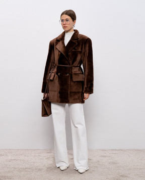 Babe Pay Pls Brown double-breasted sheepskin coat with belt 2526MERINO