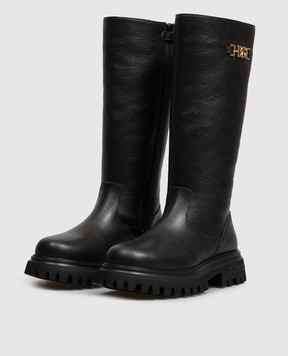 Dolce&Gabbana Children's black leather boots with fur D11435A07223136