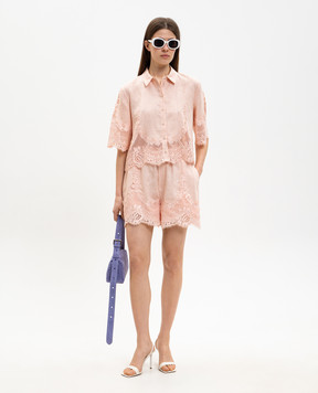 Twinset Pink cropped linen blouse with lace 261TT2181