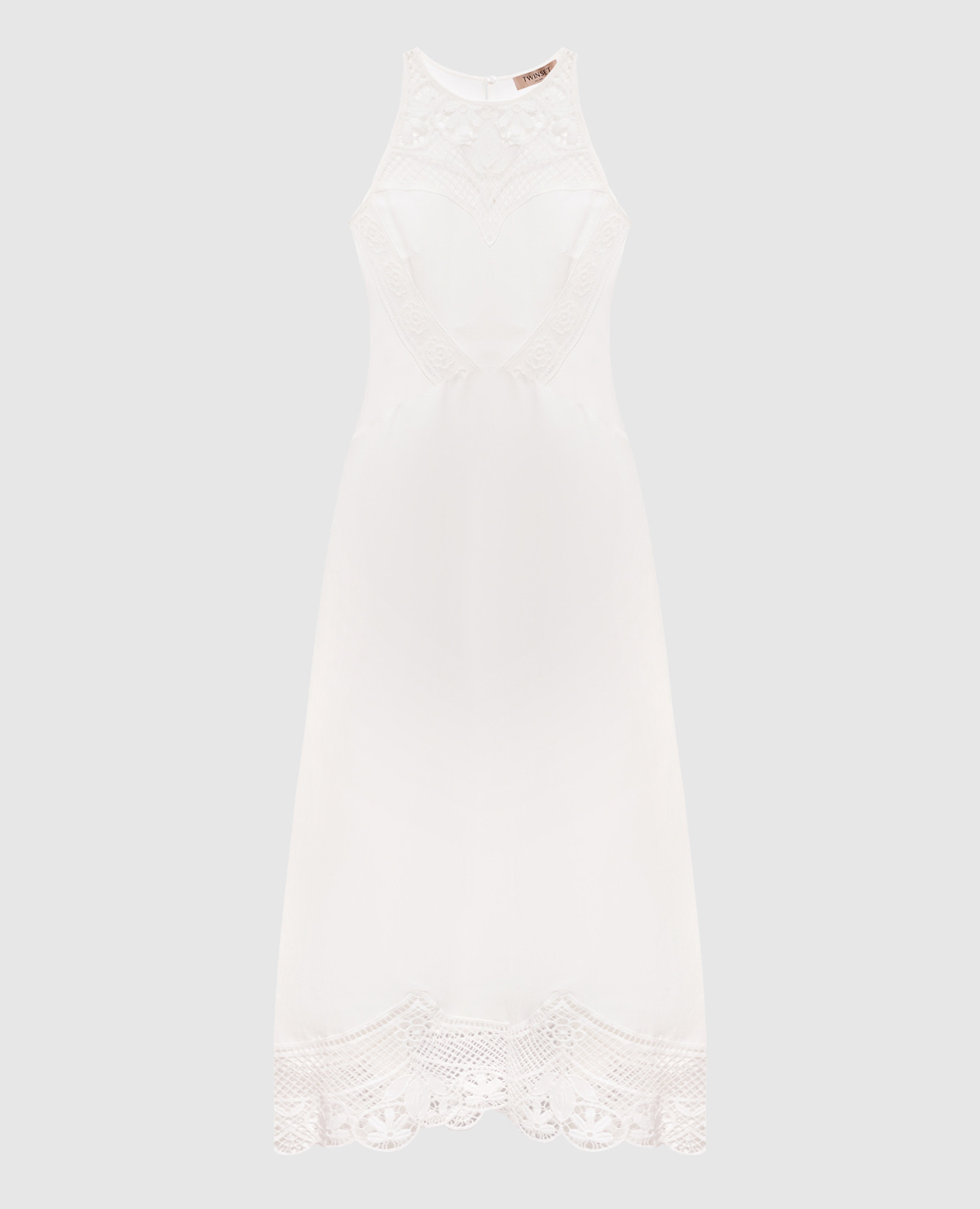 White linen midi dress with openwork inserts