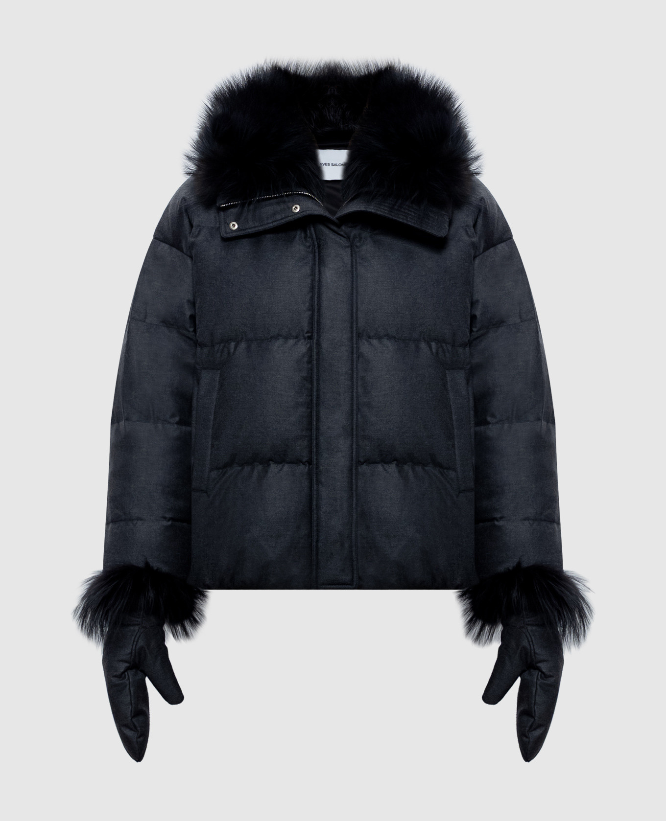 Grey wool and silk down jacket with fox fur