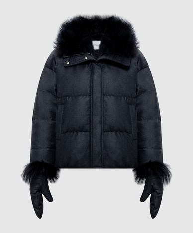 Grey wool and silk down jacket with fox fur