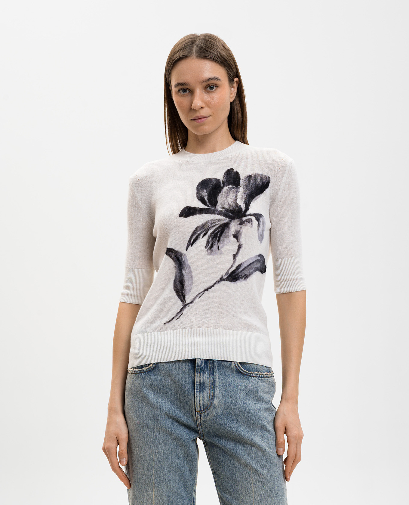 White cashmere top with floral print Ermanno Scervino 3