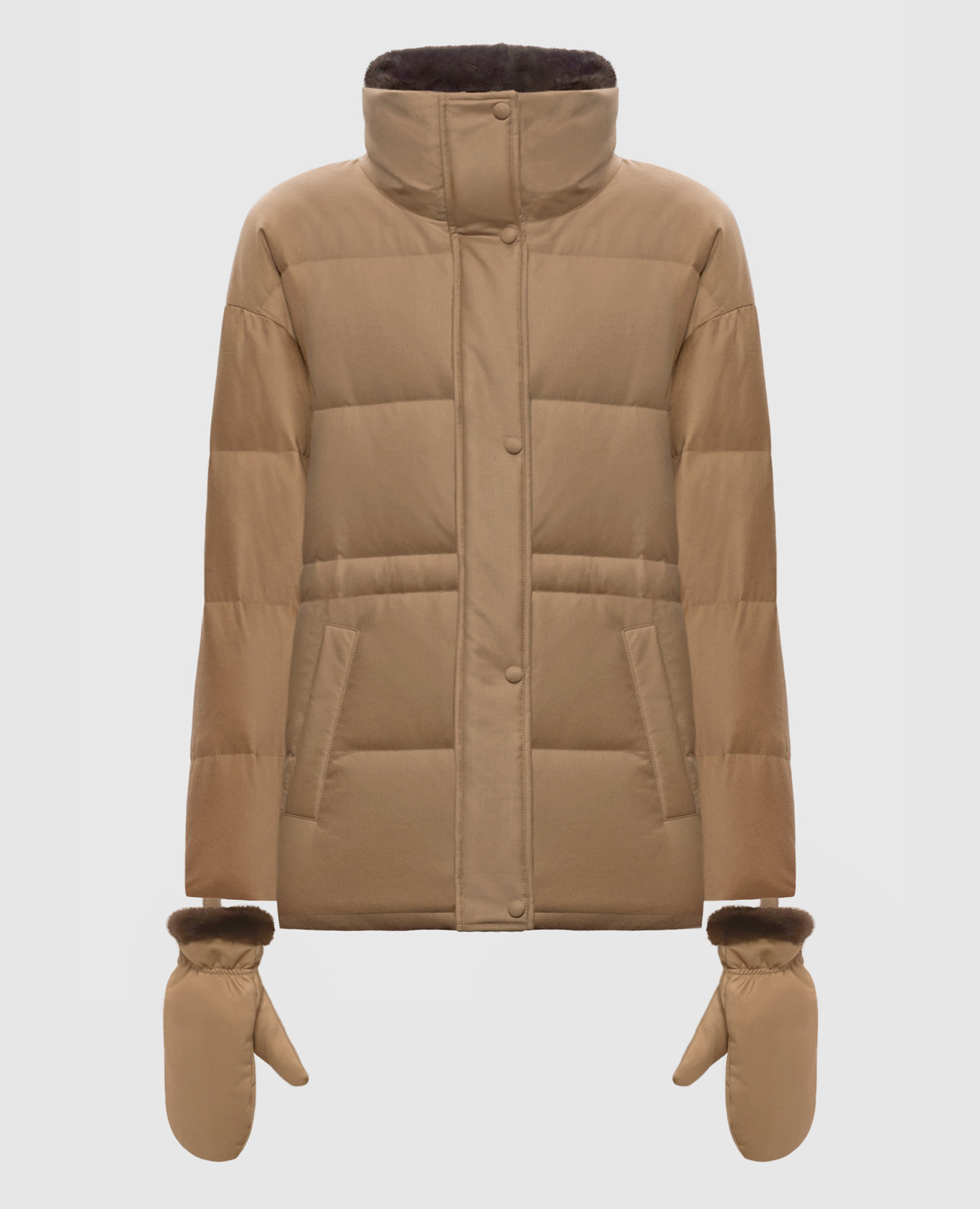 Brown wool and silk down jacket with mink fur