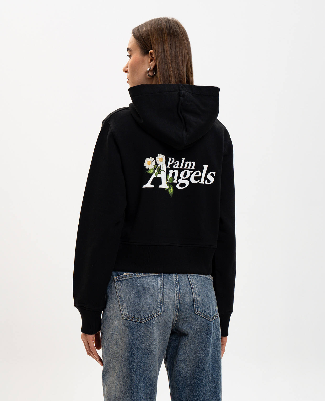 Black hoodie with floral logo print Palm Angels 4