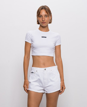 Dolce&Gabbana White cropped T-shirt with logo patch F8V95TFUEEY