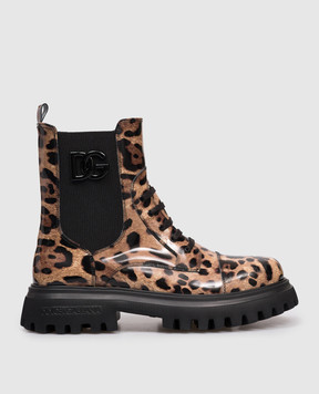 Dolce&Gabbana Children's brown leather glossy shoes with animal print D11360AM5683136