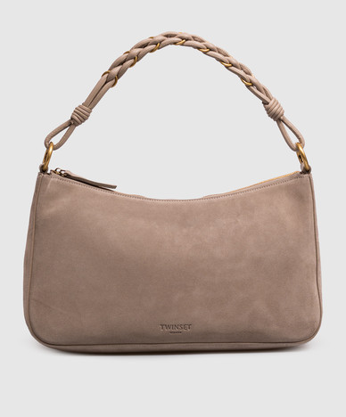 Beige suede bag with embossed logo