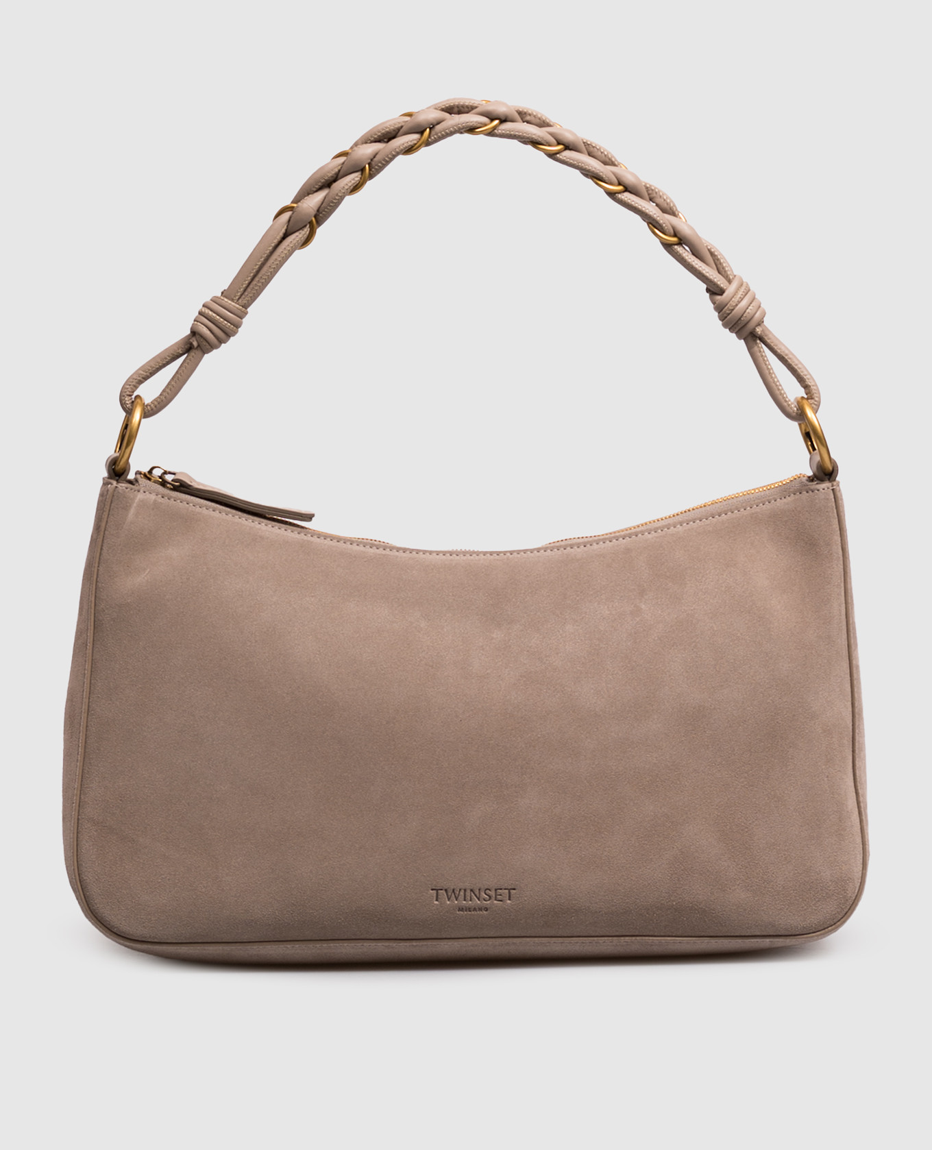 Beige suede bag with embossed logo