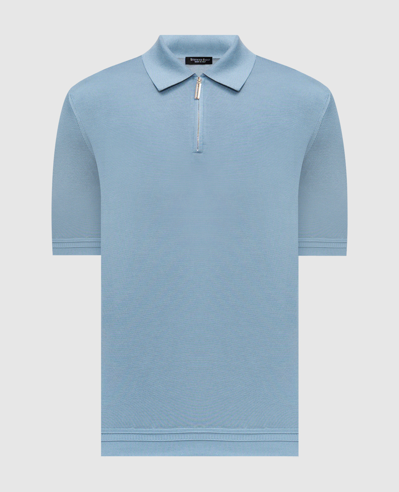 Blue silk polo shirt with embroidered monogram logo