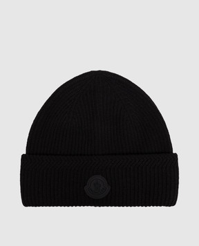 Moncler Black wool and cashmere hat with logo patch L20913B00007M4281
