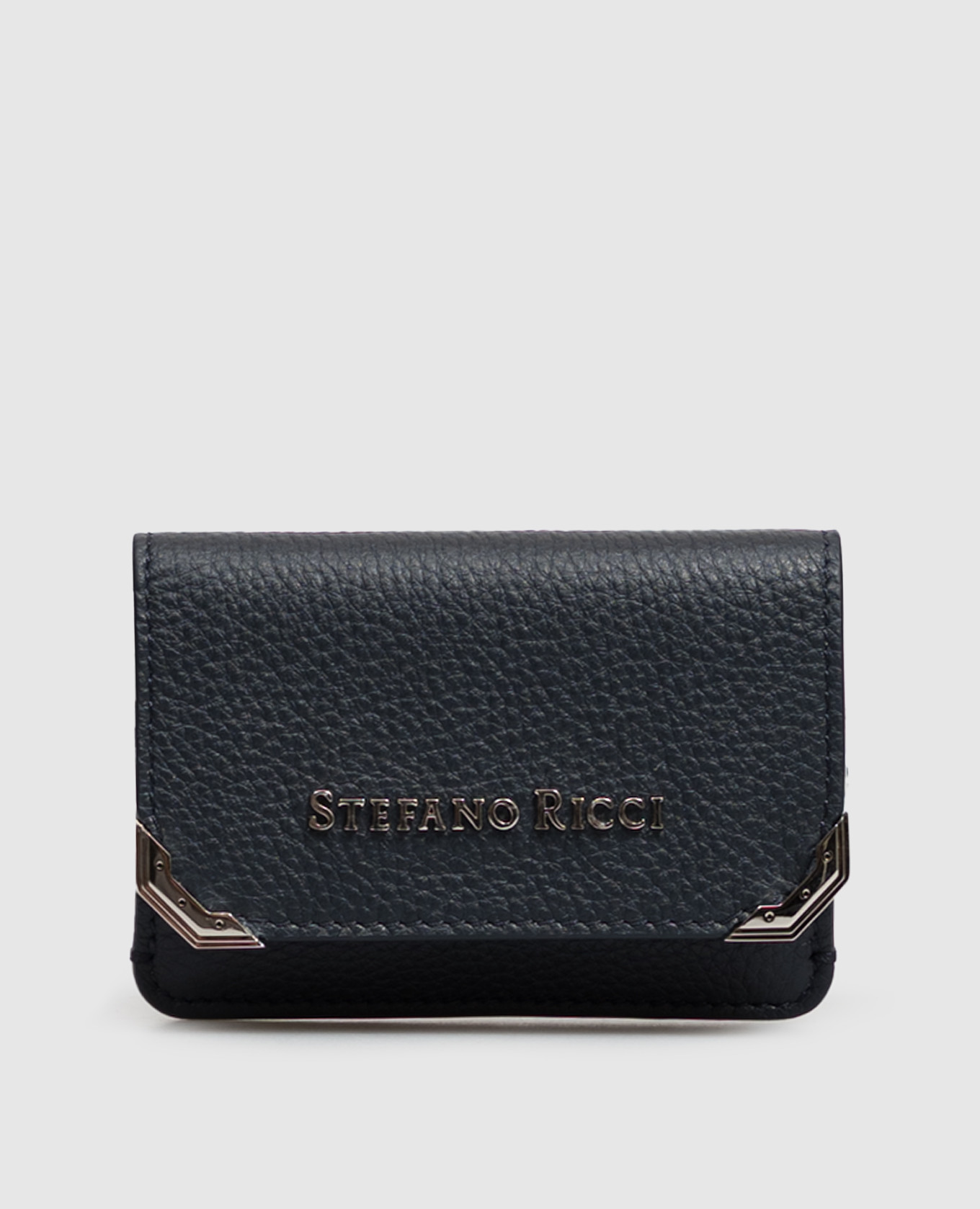 Blue leather cardholder with metal logo