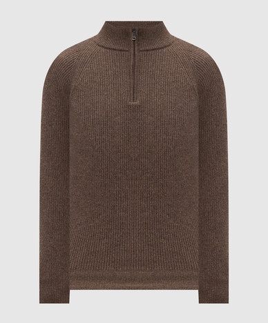 Maglione marrone in lana e cashmere con cerniera