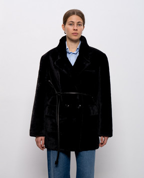 Babe Pay Pls Black double-breasted sheepskin coat with belt 2526SETA