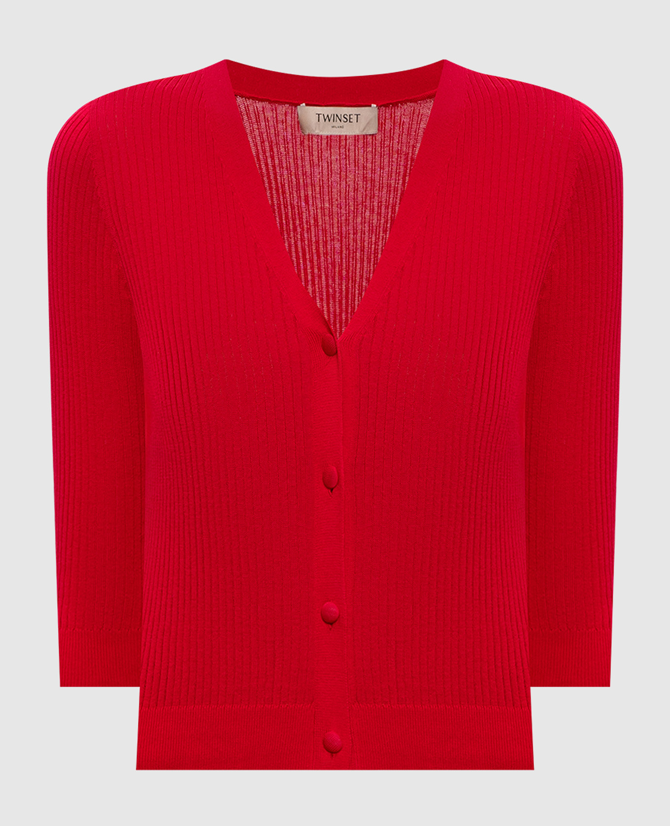 Red cropped ribbed cardigan with silk