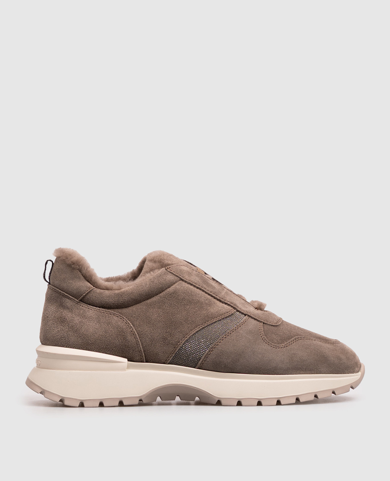 Beige suede sneakers with fur