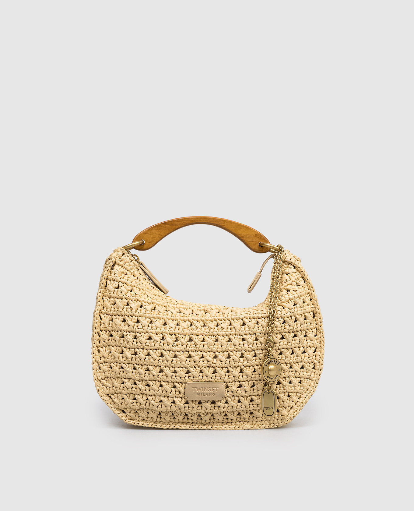 

Beige Croissant Raffia Hobo Bag with Logo Patch Twinset