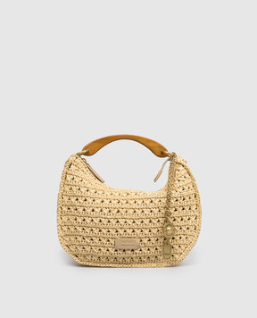 Twinset Beige Croissant Raffia Hobo Bag with Logo Patch 261TB7381